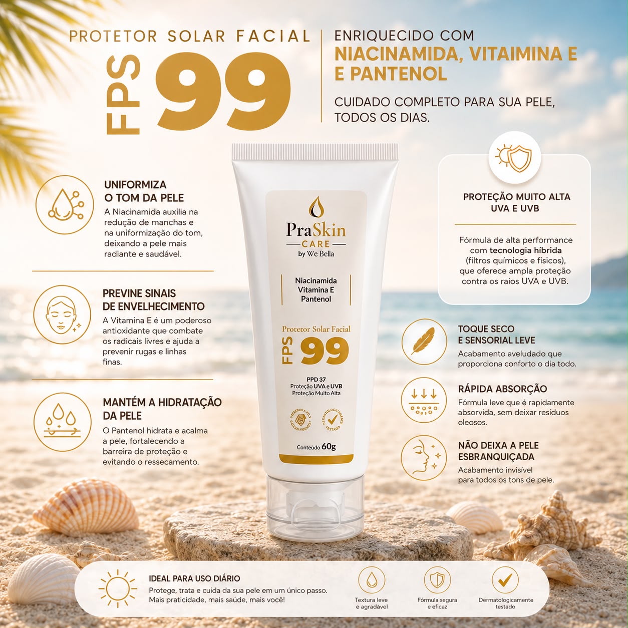 Protetor Solar Facial FPS 99 PPD 37 PraSkin Care by We Bella 60ml