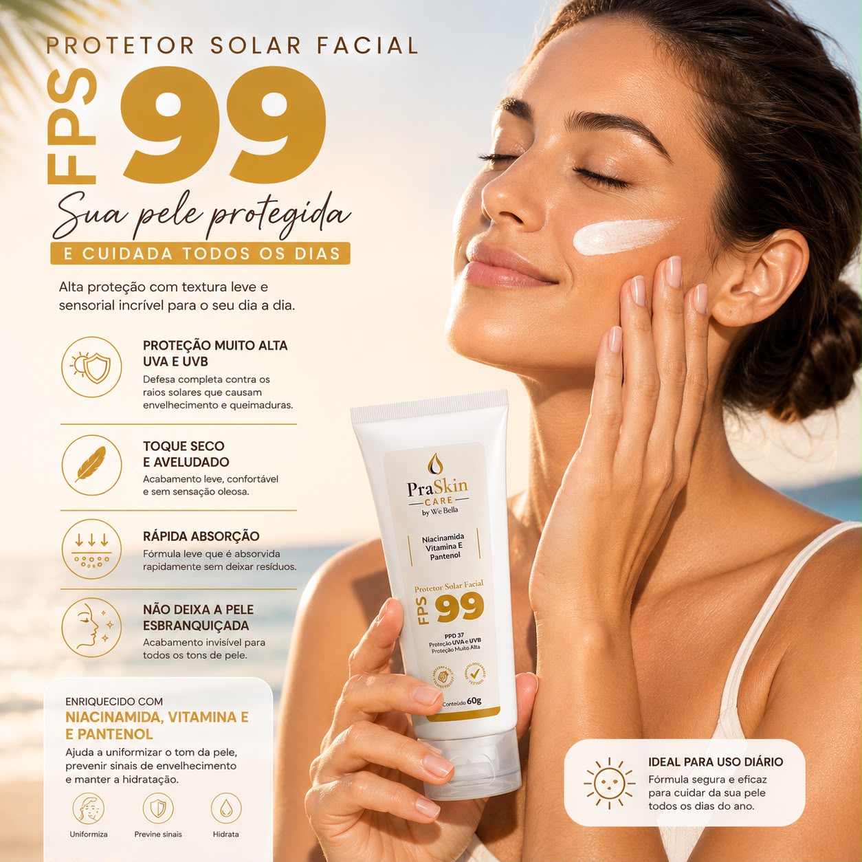 Protetor Solar Facial FPS 99 PPD 37 PraSkin Care by We Bella 60ml