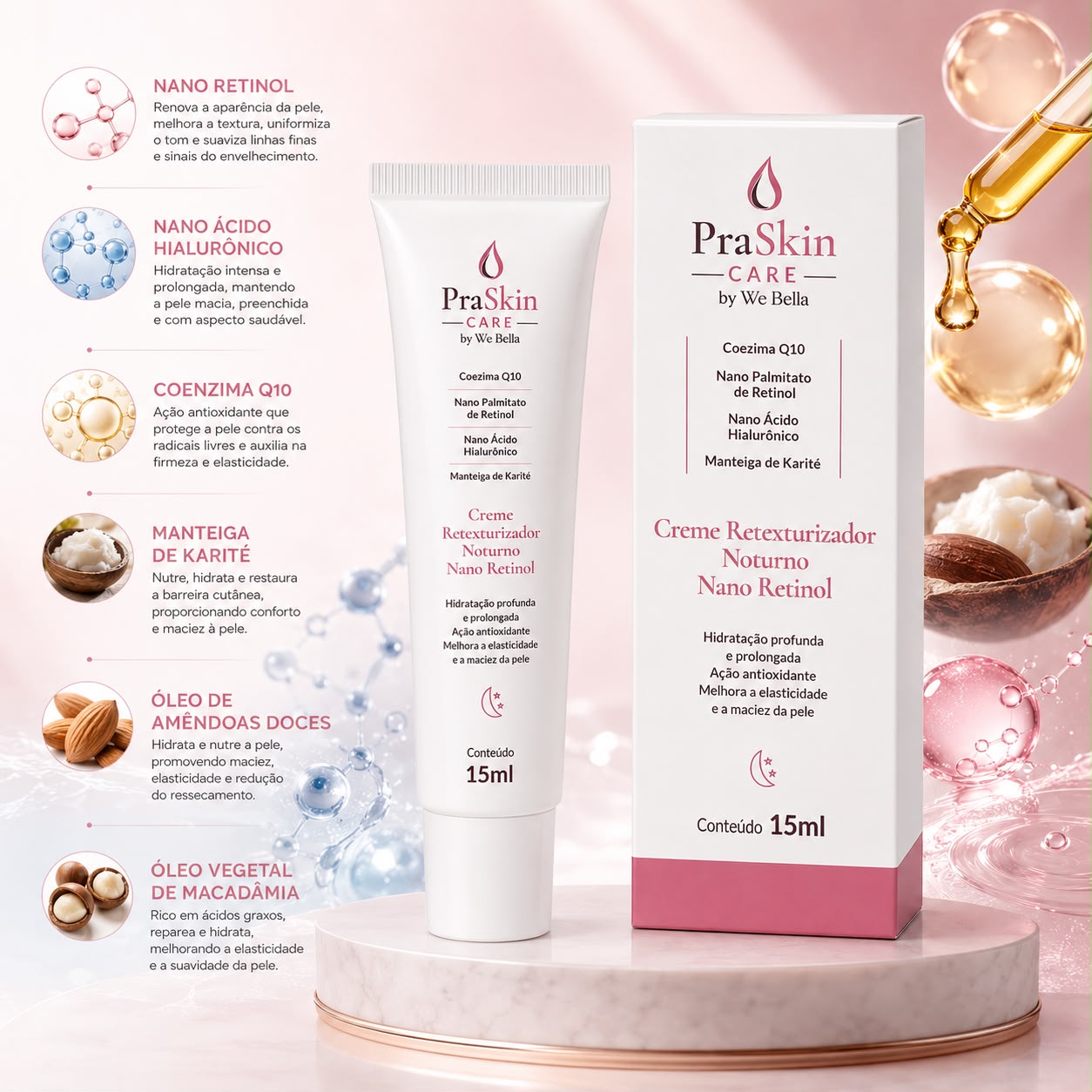 Creme Retexturizador Noturno Nano Retinol 15ml PraSkin Care by We Bella